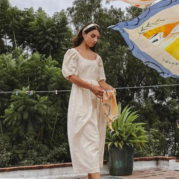 & Other Stories Beige Midi Dress with Puff Sleeves - Picture 5 of 16